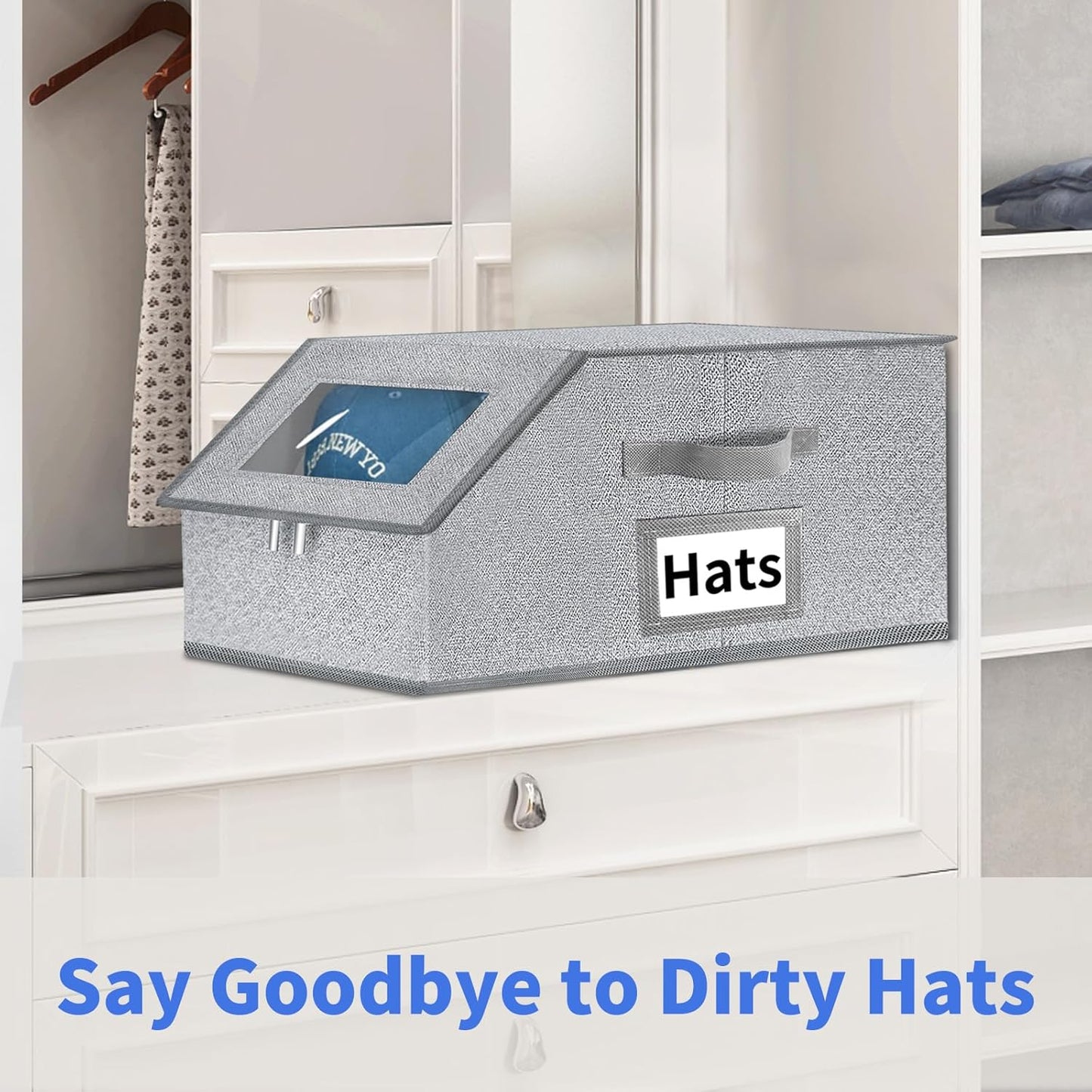 Aokeyee Hat Organizer - 2PCS Stackable Storage with Clear Window Lid | Space-Saving Grey Hat Box