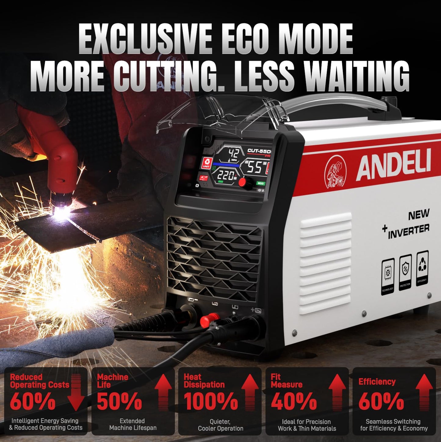 ANDELI Plasma Cutter 55A,Non-HF Non-Touch Pilot Arc，1'' Max Cut, 4-in-1 Plate Cutting/Grid Cutting/Gouging/Marking，Upgraded LED Display,Post Flow/2T/4T,110/220V IGBT Inverter for Home, Workshop