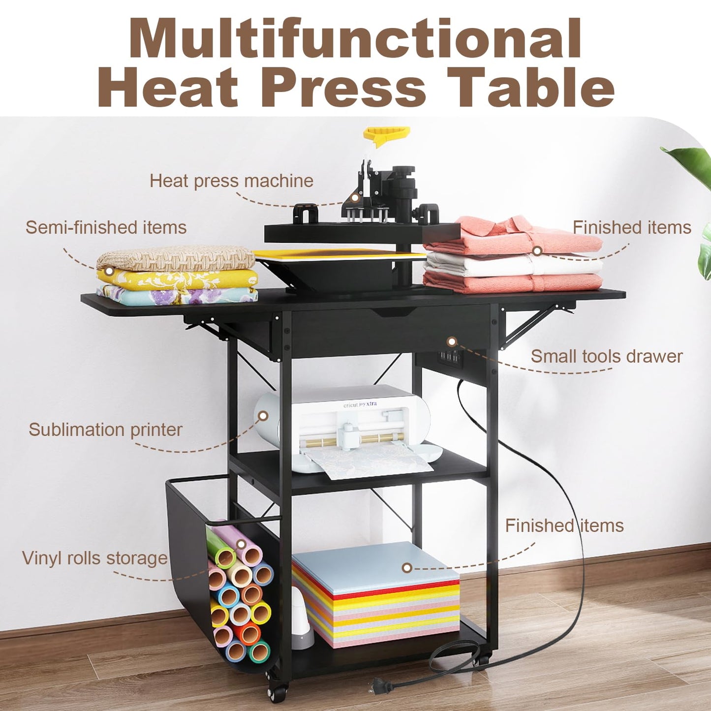 PUNCIA Foldable Heat Press Table with Drawers - Heavy Duty Heat Press Stand with Wheels for Easy Mobility Collapsible Heavy Duty Workbench for Sublimation, T-Shirts and Caps Heat Transfer Project