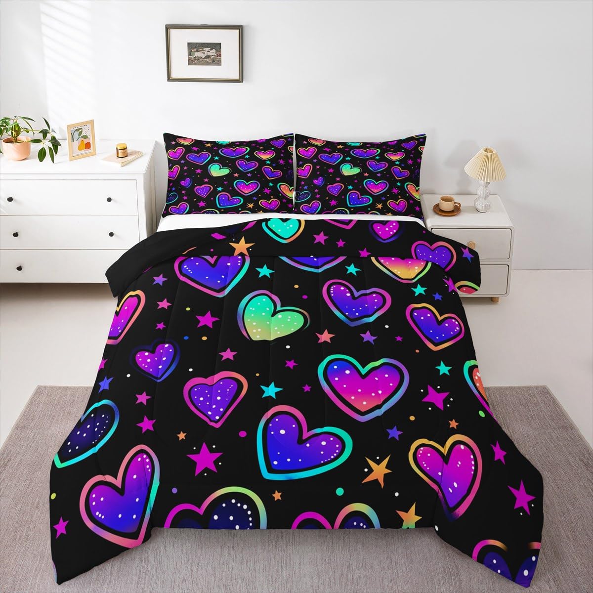 Erosebridal Neon Hearts Bedding Twin Rainbow Love Heart Comforter Set for Girls, Psychedelic Galaxy Duvet Insert Gradient Glowing Stars Down Comforter, Black Girly Bedding Comforter Sets Lightweight