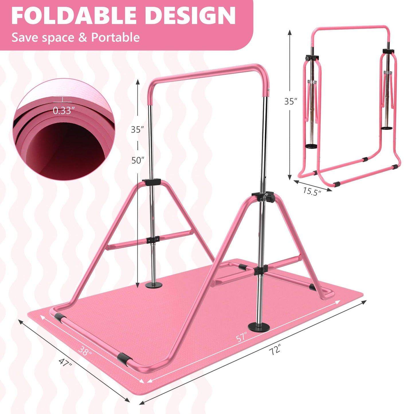 HYD-Parts Gymnastics Bar with Mat for Kids 3-12, Adjustable Height Gymnastic Horizontal Bars, Junior Training Bar, Gymnastics Equipment for Kids with Mat