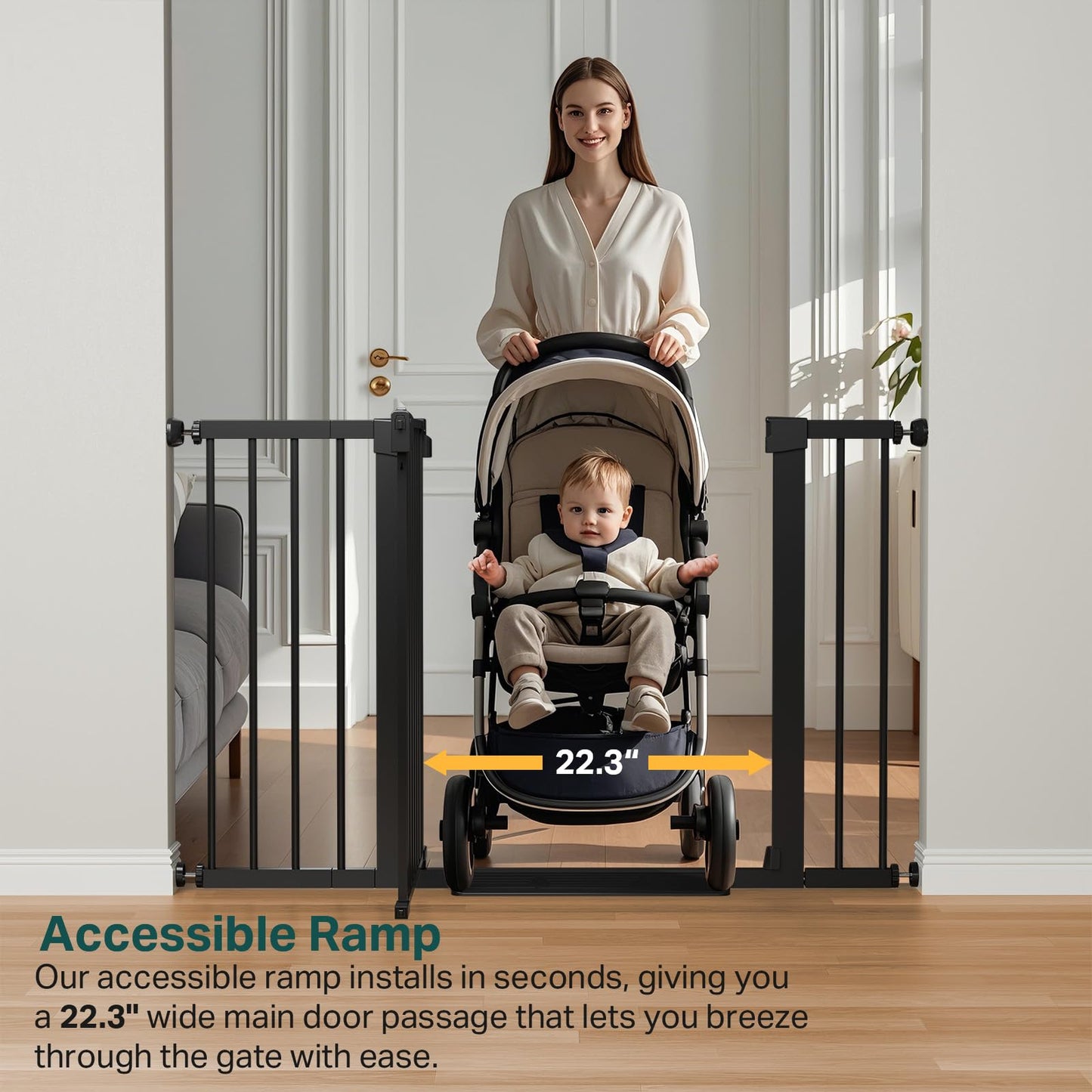 Cumbor 29.7-48" Baby Gate for Stairs, Mom's Choice Awards Winner-Dog Gate for Doorways, Auto Close Safety Pet Gate for Dogs Indoor, Easy Install Pressure Mounted Child Gate with Walk Thru Door, Black