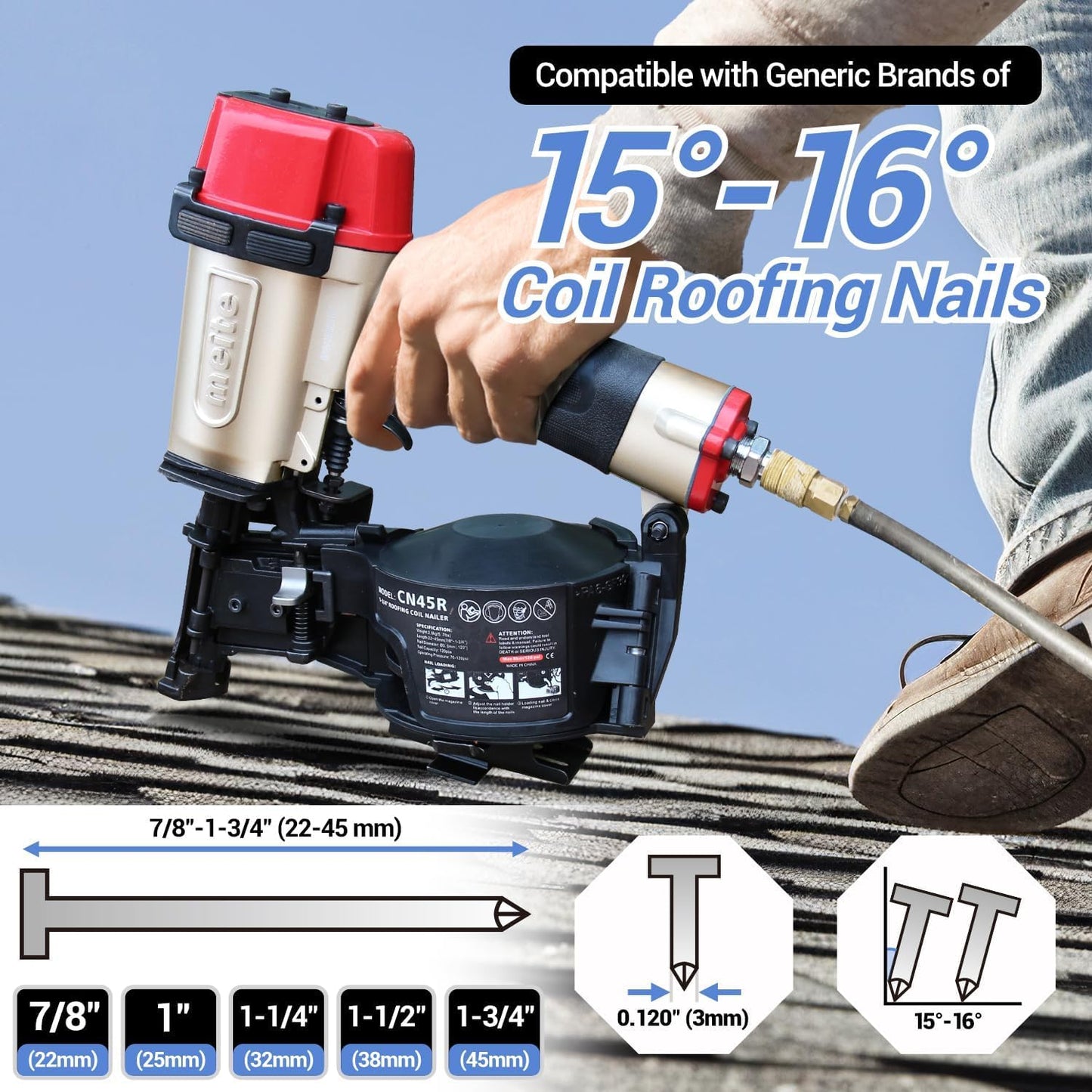 meite CN45R Coil Roofing Nailer 15 Degree Pneumatic Nail Gun for Asphalt Shingles Underlayment Decking Roof Repair, Air Roofing Nail Gun with Tool-Free Depth Adjustment Accepts 7/8" to 1-3/4" Nails