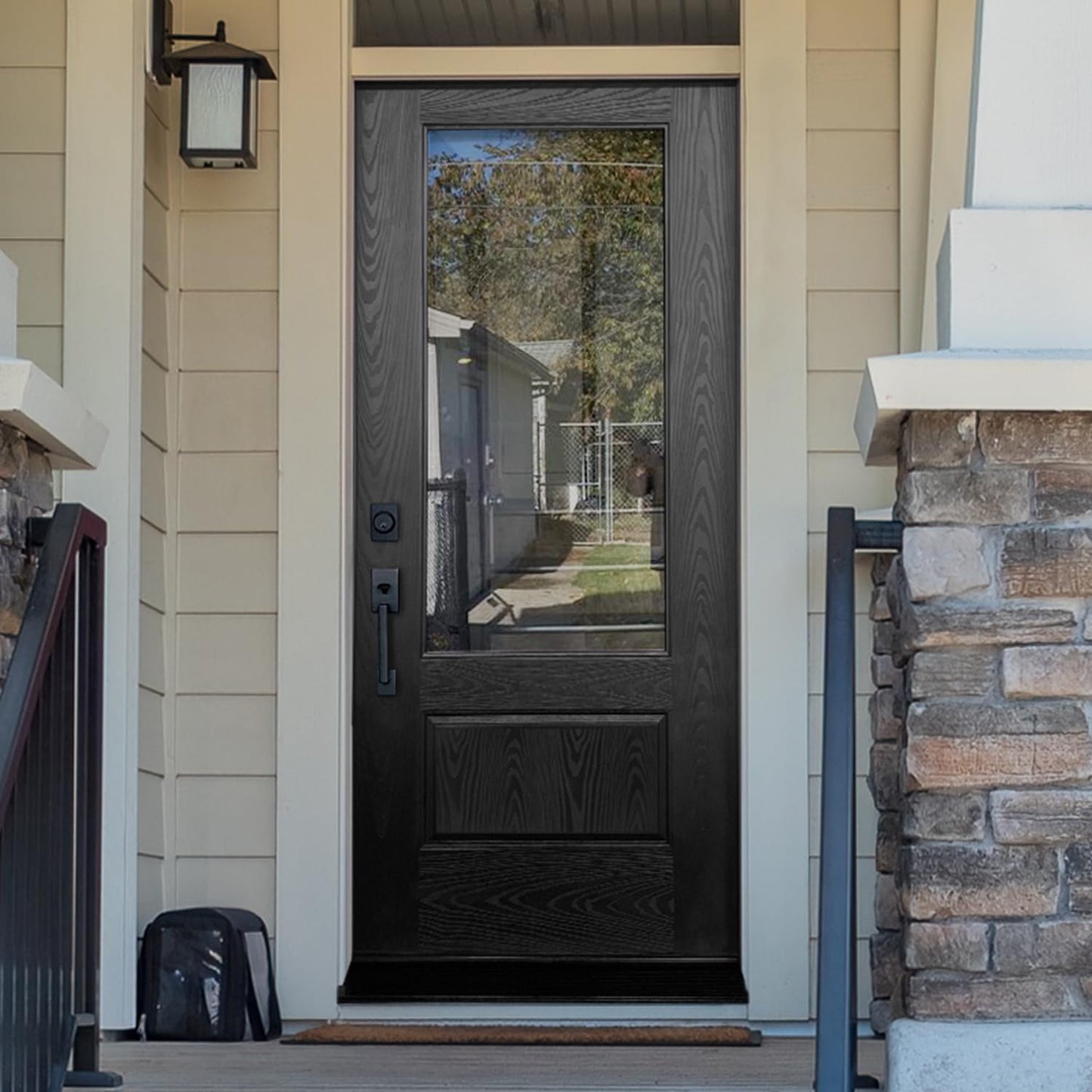 3/4 Lite 36" x 80" Fiberglass Front Door with Tempered Low‑E Glass, Pre‑Assembled Prehung Entry Door Glass Inserts and Frames, Dual‑Color Black/White Finish, Right Hand Inswing