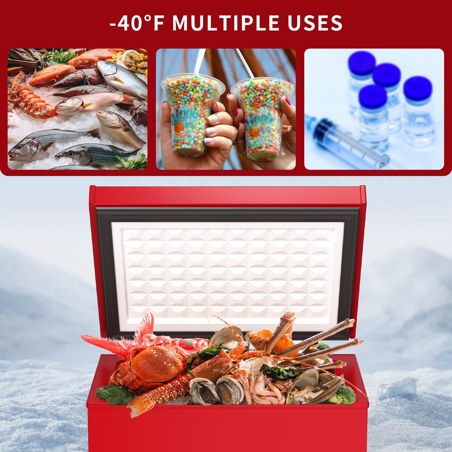 Northair Chest Freezer Low temperature quick freeze 14℉ to -40℉ Compact Freezer - 2 Removable Baskets Match Day Parties, Home Bar Game Day &Soccer Party (Red, 1.8 Cubic Feet)