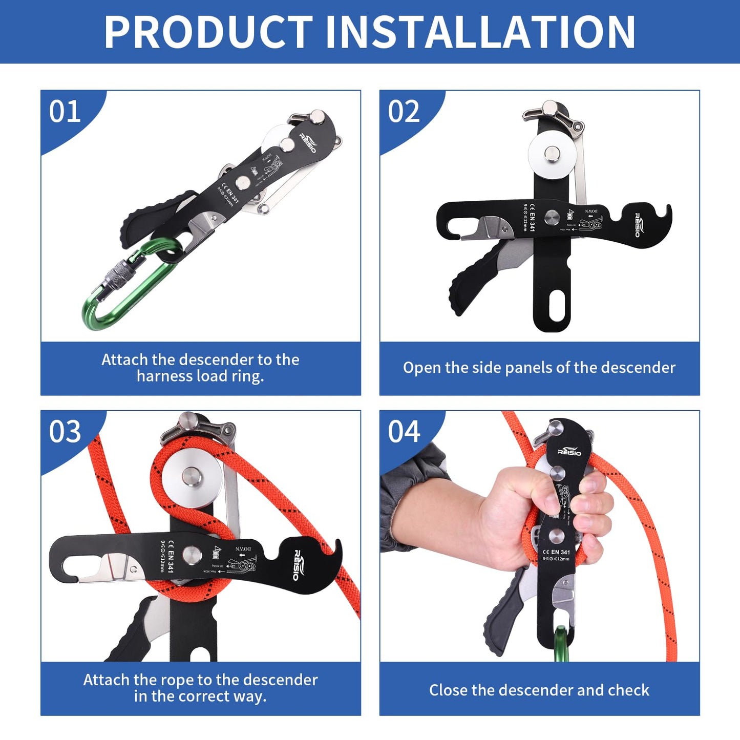 REISIO Climbing Stop Descender for 9-12mm,Self-Braking Self Locking Belay Device Rescue Equipment Hand Controls with Mountain Climbing Cave Rappelling Aerial Work Rescue Activities (Black)