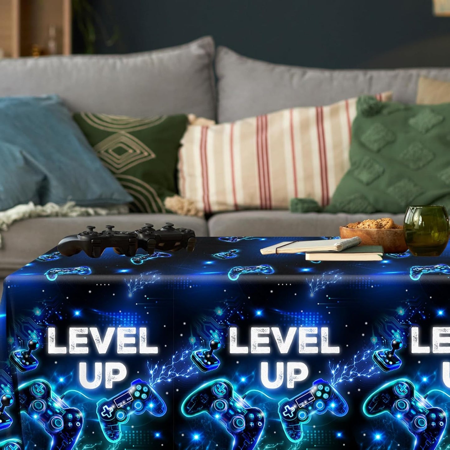 Skiennix Video Game Tablecloth - Neon Gaming Design for Boys & Girls | 4-Pack Rectangle Party Decor