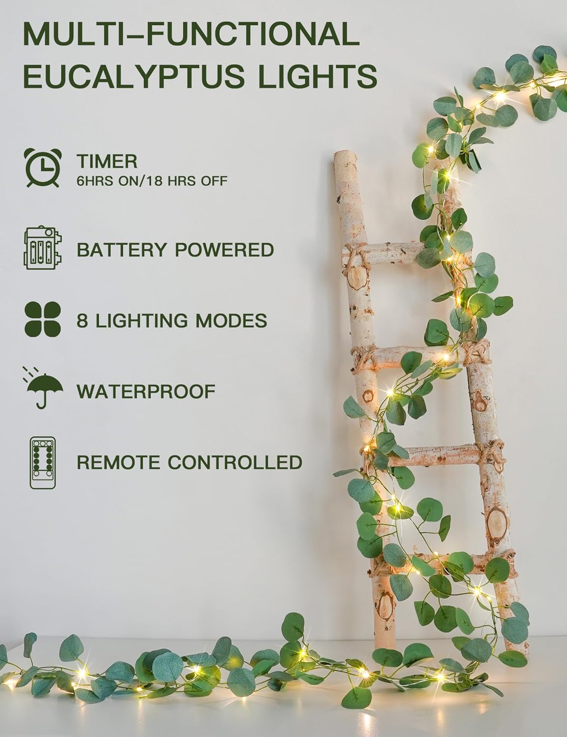 Suddus Eucalyptus Garland String Lights - 33ft Battery Operated with 100 LEDs & Remote | Warm White Decor for Bedroom, Garden, Party, Wedding