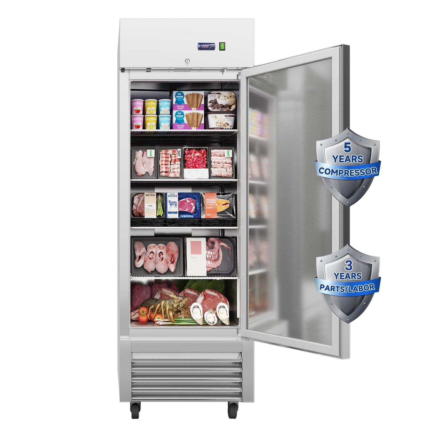 JINSONG 27" Commercial Freezer with Single Solid Door, 23 cu.ft Stainless Steel Reach-in Freezer for Restaurant, Bar, Shop, Residential, with 4 Shelves and 4 wheels