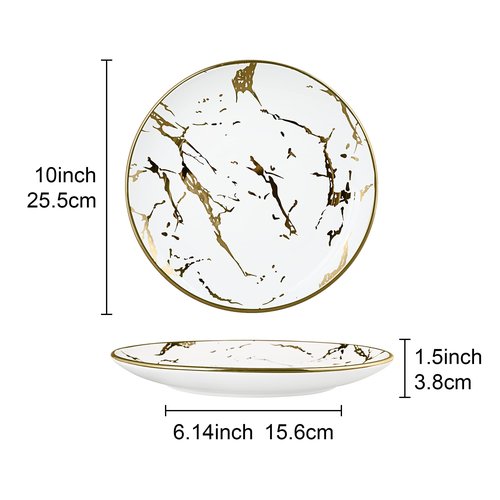 fanquare 10" Gold Marble Dinner Plate, Modern Ceramic Dishes Set for 4, Large Porcelain Plates Set, Round Kitchen Serving Plates, Dishwasher Safe