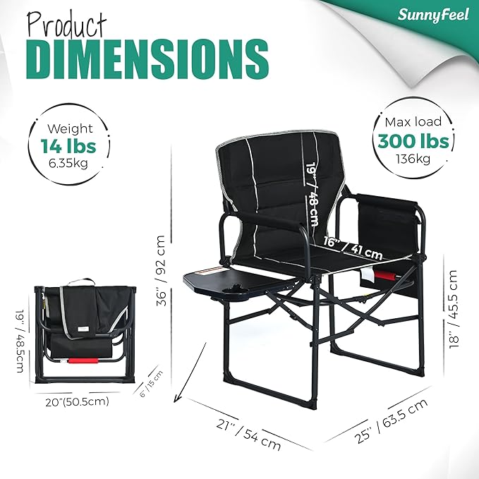 SUNNYFEEL Oversized Camping Directors Chair 1 Pack, Portable Folding Lawn Chairs for Adults Heavy Duty with Side Table,Pocket for Beach, Fishing,Picnic,Concert Outdoor, Foldable Camp Chairs