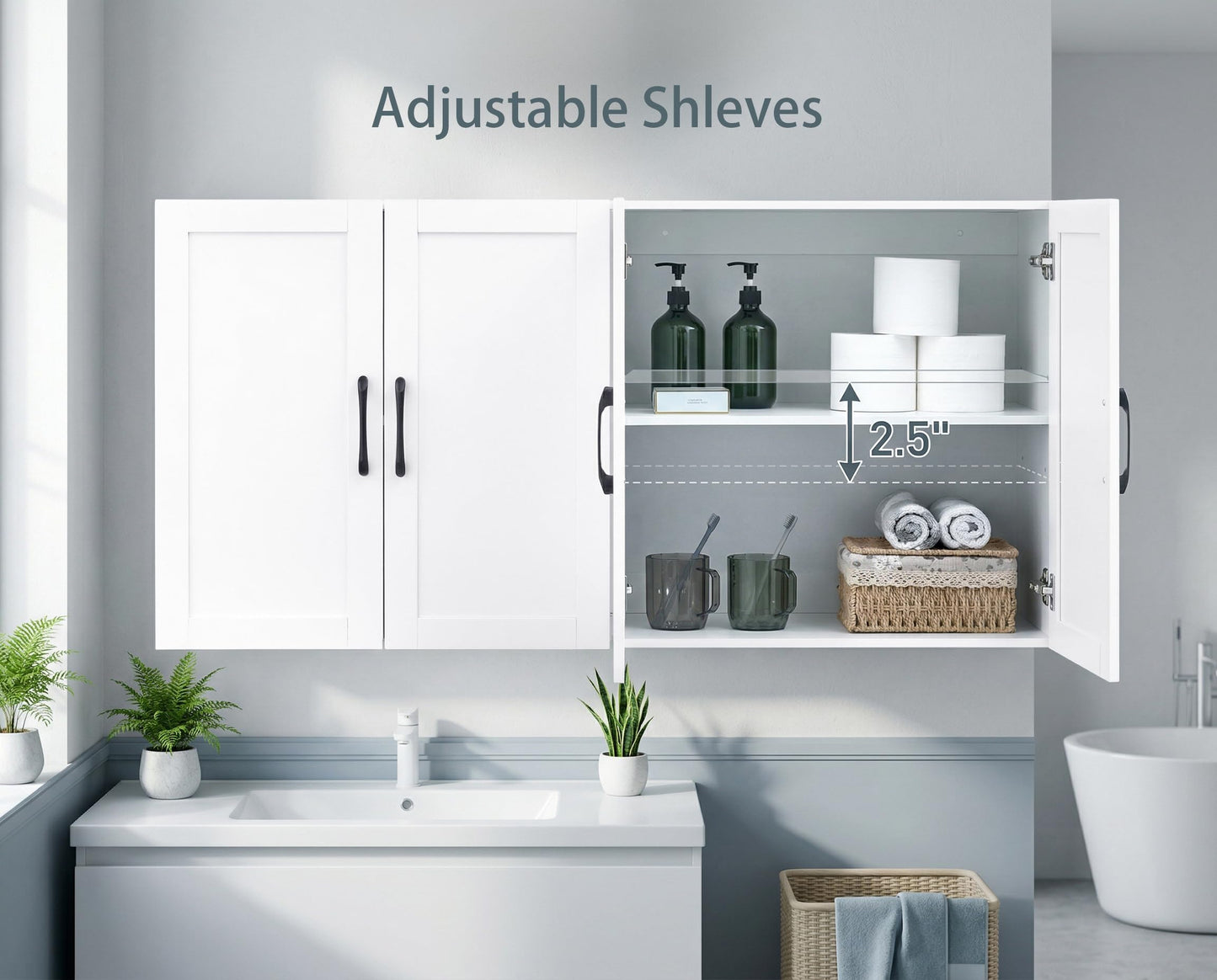 Cozivellia Wall Cabinet with Adjustable Shelves, Laundry Room Cabinet with 4 Doors, Kitchen Storage Cupboard Cabinet, Wall Mount Medicine Cabinet for Bathroom, Living Room, White