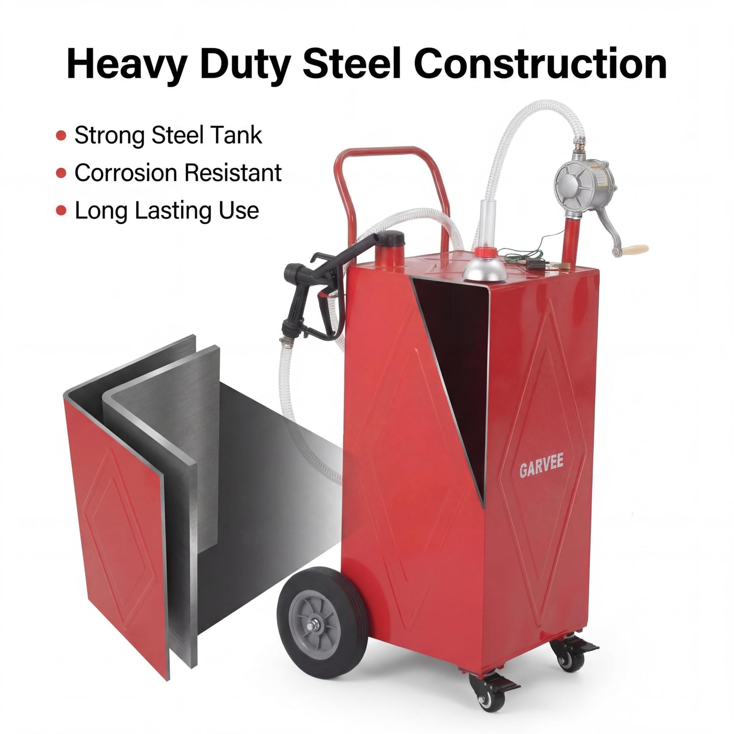 GarveeLife 30 Gallon Heavy-Duty Steel Fuel Caddy, Manual Rotary Pump, Portable Gasoline Transfer Tank for Trucks, Boats, ATVs, Lawn Mowers & Farm Equipment – Red 4-Wheeler