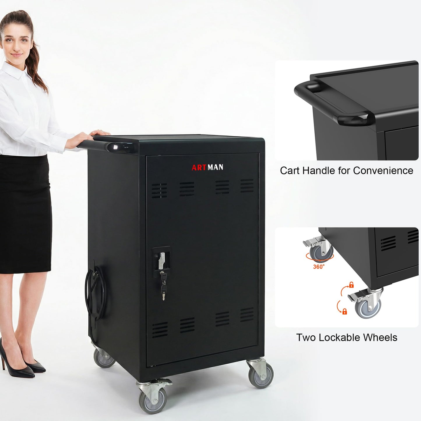 30-Device Mobile Charging Cart with Charging Power Strip and Front and Rear Access Locks, Cable Management, Up to 16.3", Safe Charging Cabinet for Ipads, Chromebooks, Tablets, Laptops Black