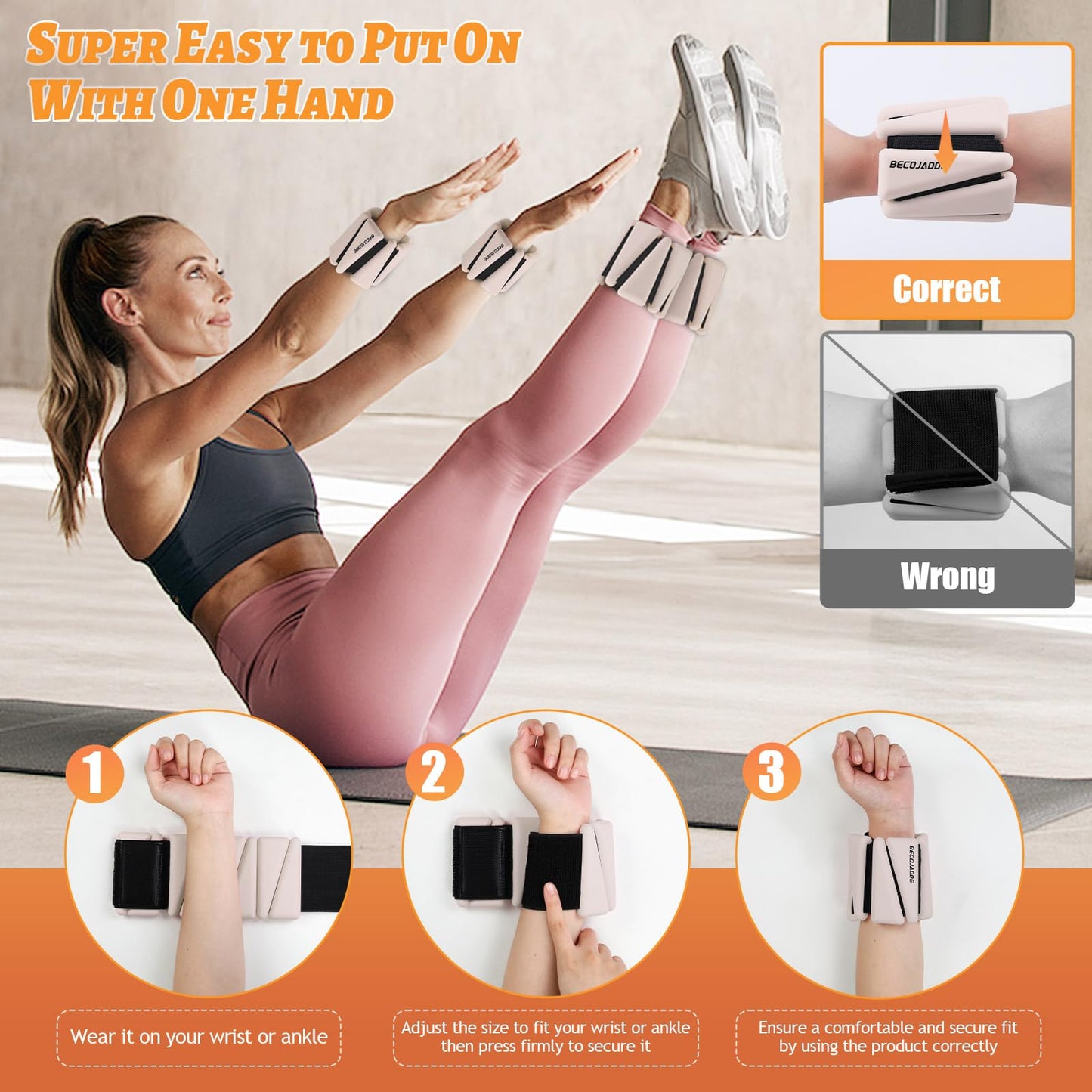 BECOJADDE Ankle Weights Set of 2 (2 lb Each) Adjustable Wrist Weights for Women Men Wearable Arm Leg Weight for Pilates, Running, Walking, Workout, Yoga, Beige