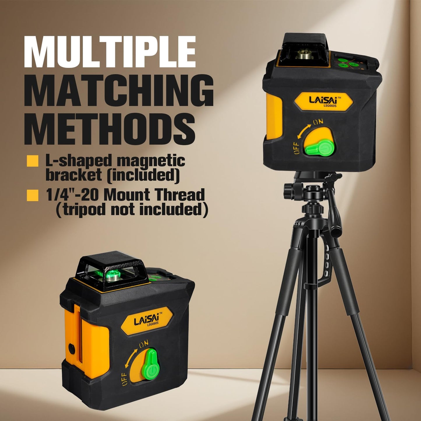 LAISAI 360 ° laser level, 150FT self leveling crosshair laser - used for homes and buildings, orange self leveling crosshair laser, L-shaped bracket, 4 AA batteries included