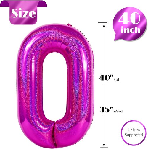 Laser Hot Pink Number Balloon - 40 Inch 0 Number Balloons for Birthday Decorations | Party Supplies for Women
