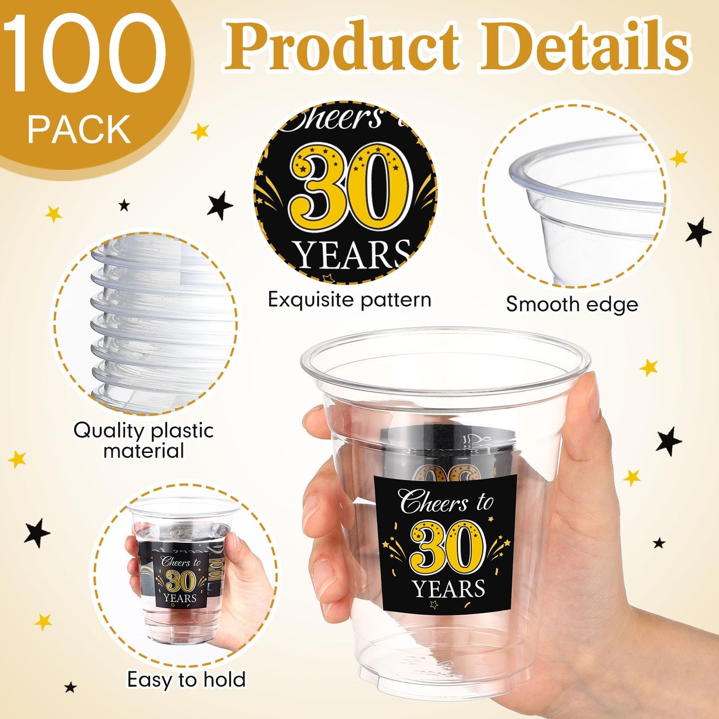 Funnymoom 100 Pack 30th Birthday Cup 12 oz Cheers to 30 Years Happy Birthday Disposable Clear Plastic Cups for Him Men Women Wedding Anniversary Decorations Party Favors