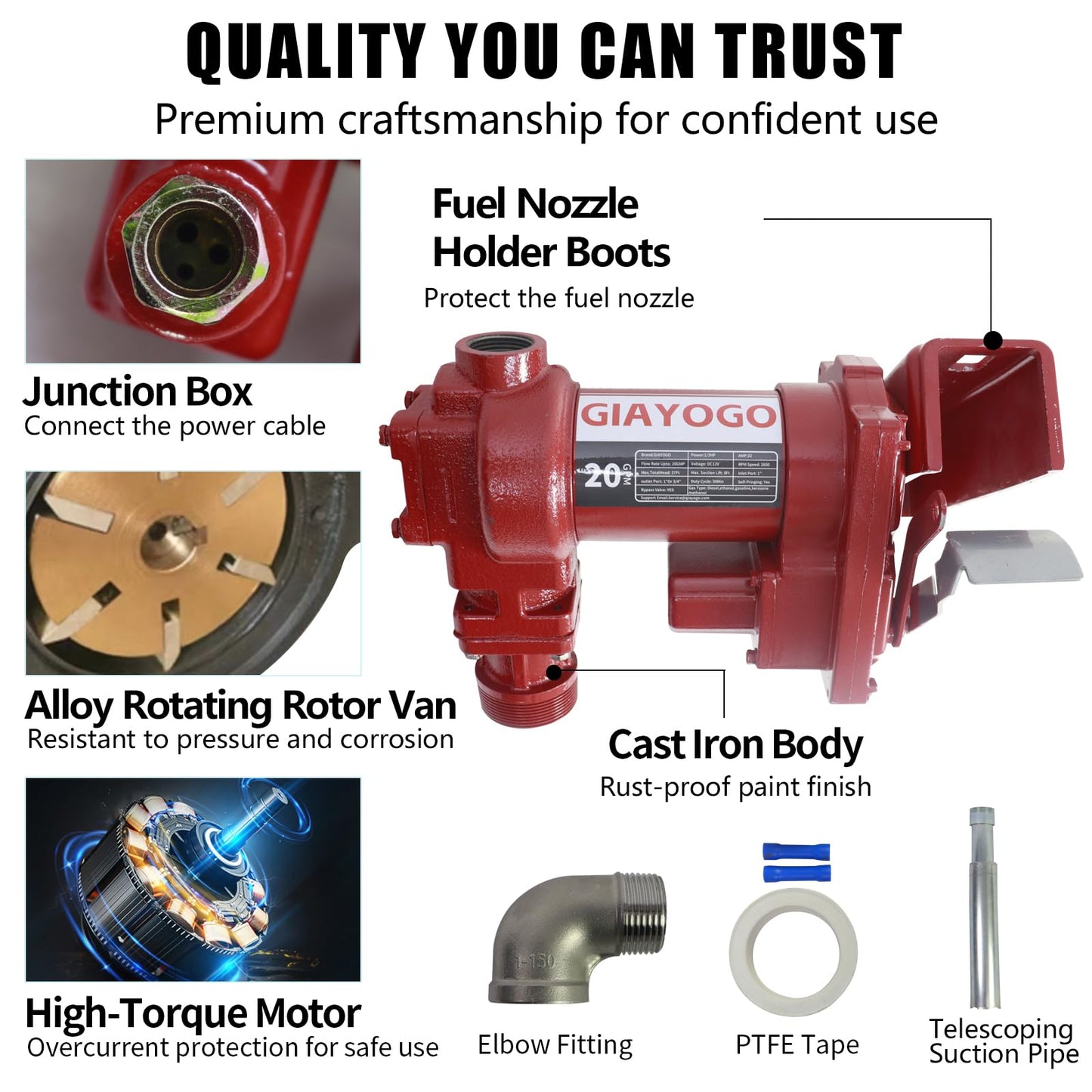 GIAYOGO Fuel Transfer Pump DC 12 Volt 20 GPM High Flow,w/Automatic Green Nozzle,Mechanical Gallons Meter.Heavy Duty Gas Fuel Pump for Gasoline,Diesel, Kerosene,Ethanol Blends,Methanol Blends,Biodiesel