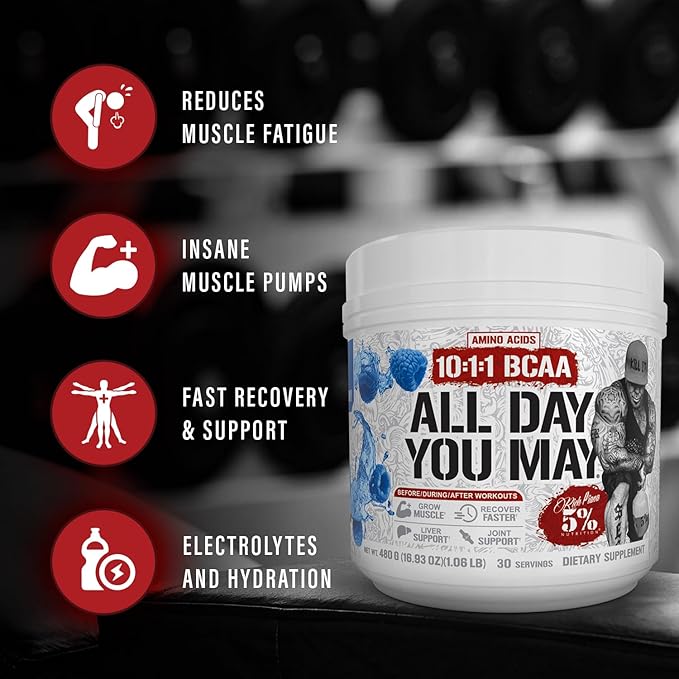 5% Nutrition Rich Piana AllDayYouMay BCAA Powder | Premium Intra & Post Workout Amino Acids, Hydration, Endurance, Muscle Recovery, Joint & Liver Support | 15.87 oz, 30 Servings (Push Pop)