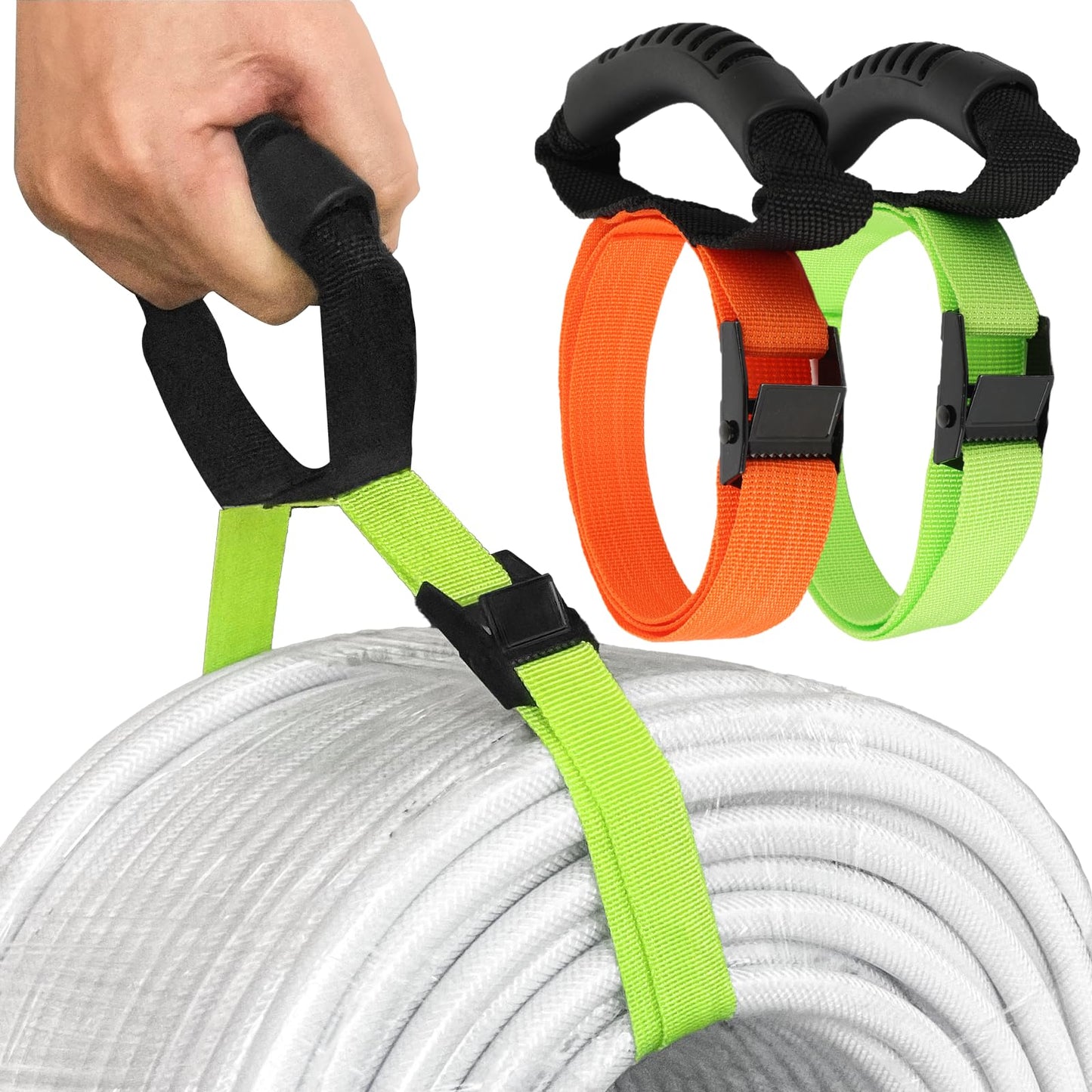 HUDLL Heavy Duty Storage Straps with Handle(2 Pack) for Cables, Ropes and Hoses, Extension Cord Organizer with Handle and Easy Adjustable Steel Black Lock Slider Buckles for Pool Hoses, Garden Hoses.