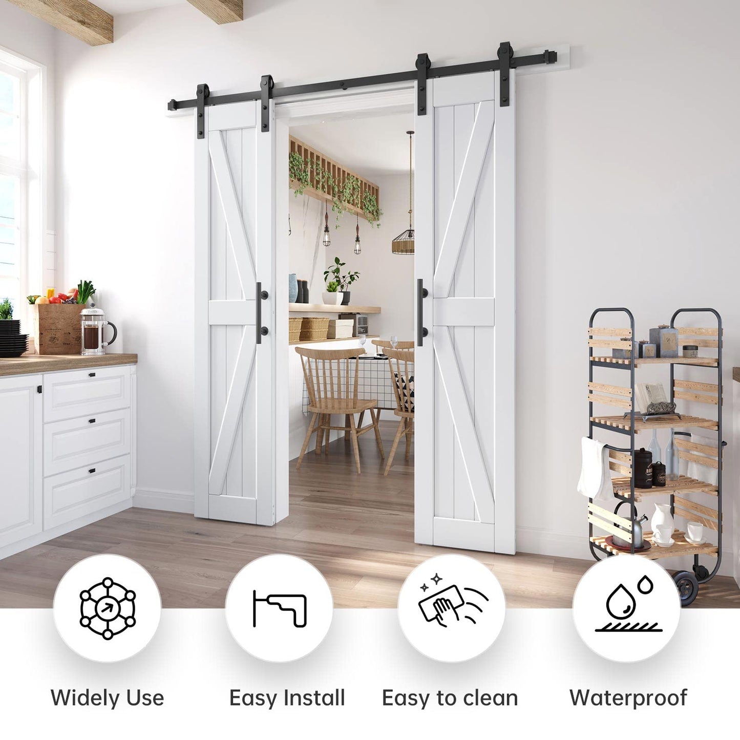 EaseLife 36in x 84in (Double 18in×84in Door) Barn Door with 6.6FT Sliding Door Hardware & Handle Included,DIY Assemblely,Easy Install,Water-Proof,Apply to Interior Exterior Rooms,K-Frame,White