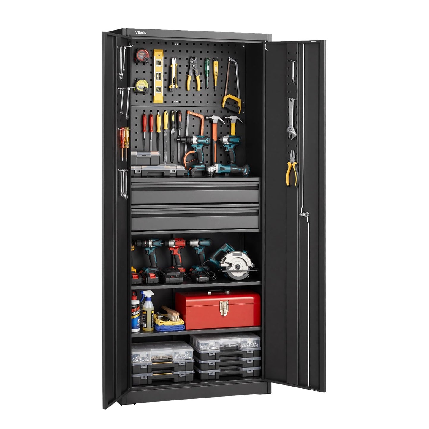 VEVOR Metal Storage Cabinet, 180 lbs Shelf Load Capacity, 70.87" Tall Garage Tool Storage Cabinet with 2 Locking Doors, Adjustable Shelves, 2 Drawers, Pegboard, for Garage, Home, Office, Utility Room