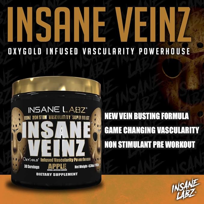 Insane Labz Insane Veinz Gold, Nitric Oxide Non Stimulant pre Workout Powder, Loaded with Hydromax, Nitrosigine, Increases Vascularity and Blood Flow, 30 Srvgs, Grape