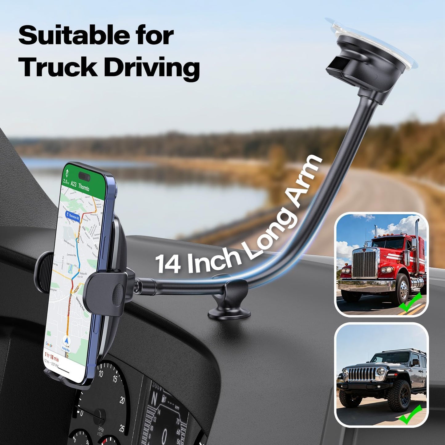 APPS2Car 14'' Gooseneck Car Phone Holder,Heavy Duty Phone Holder for Truck, [Flexibile Long Arm] [Anti Shake