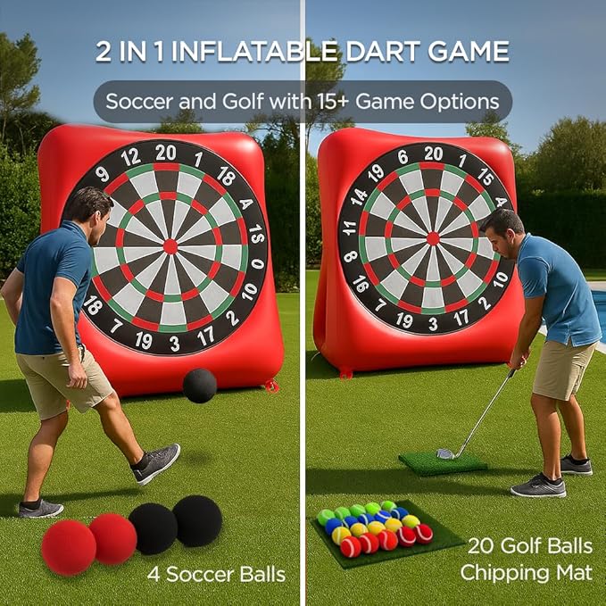 Inflatable Soccer Dart Board and Golf Darts Giant Kick Target Yard Game for Adults Kids Outdoor Backyard Parties with 4 Soccer Balls 20 Golf Balls Chipping Mat Pumps Scorecard Red Color 6.3 Feet