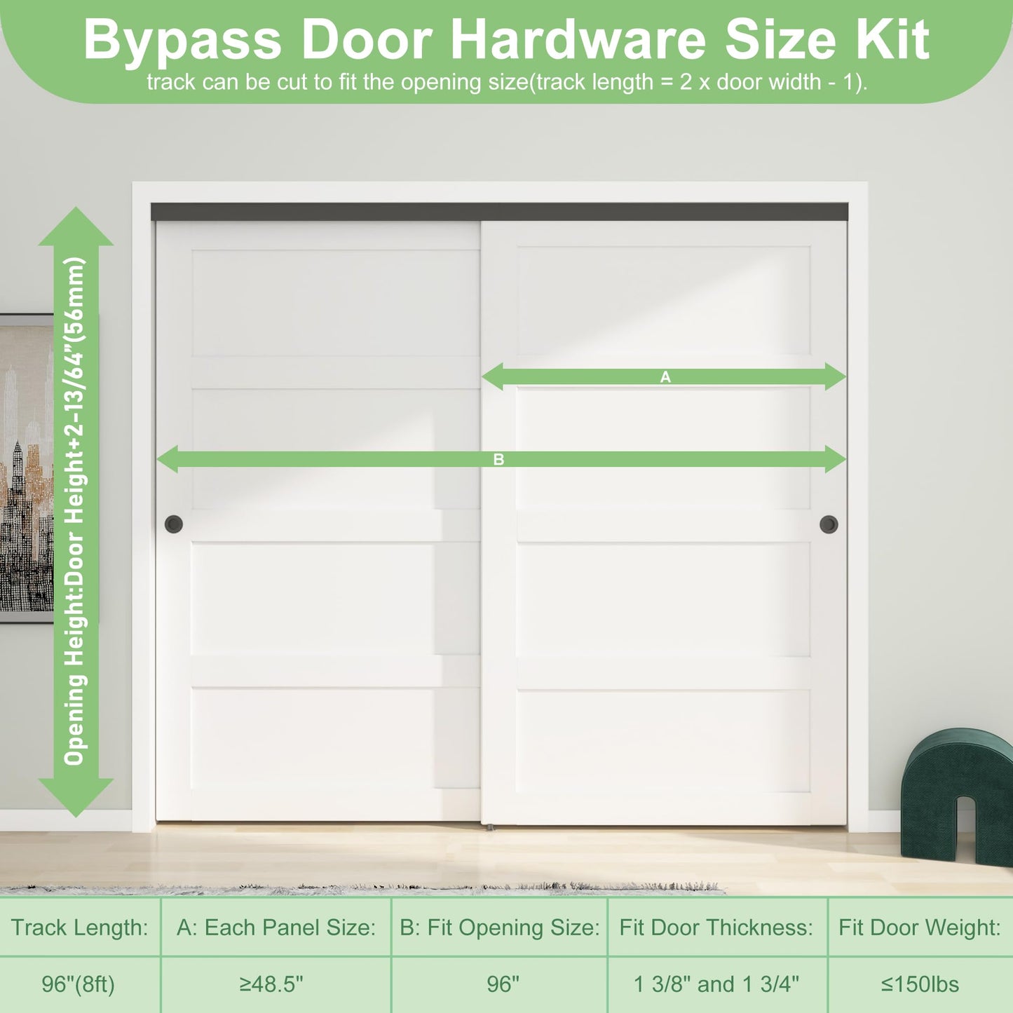 BarnBase 8FT/96(Double 4FT) Bypass Door Hardware, Aluminum Double-Closing Sliding Closet Door Hardware with Finger Pull Included, Smoothly and Quietly, Fit Door Thickness 1 3/8" or 1 3/4", Black