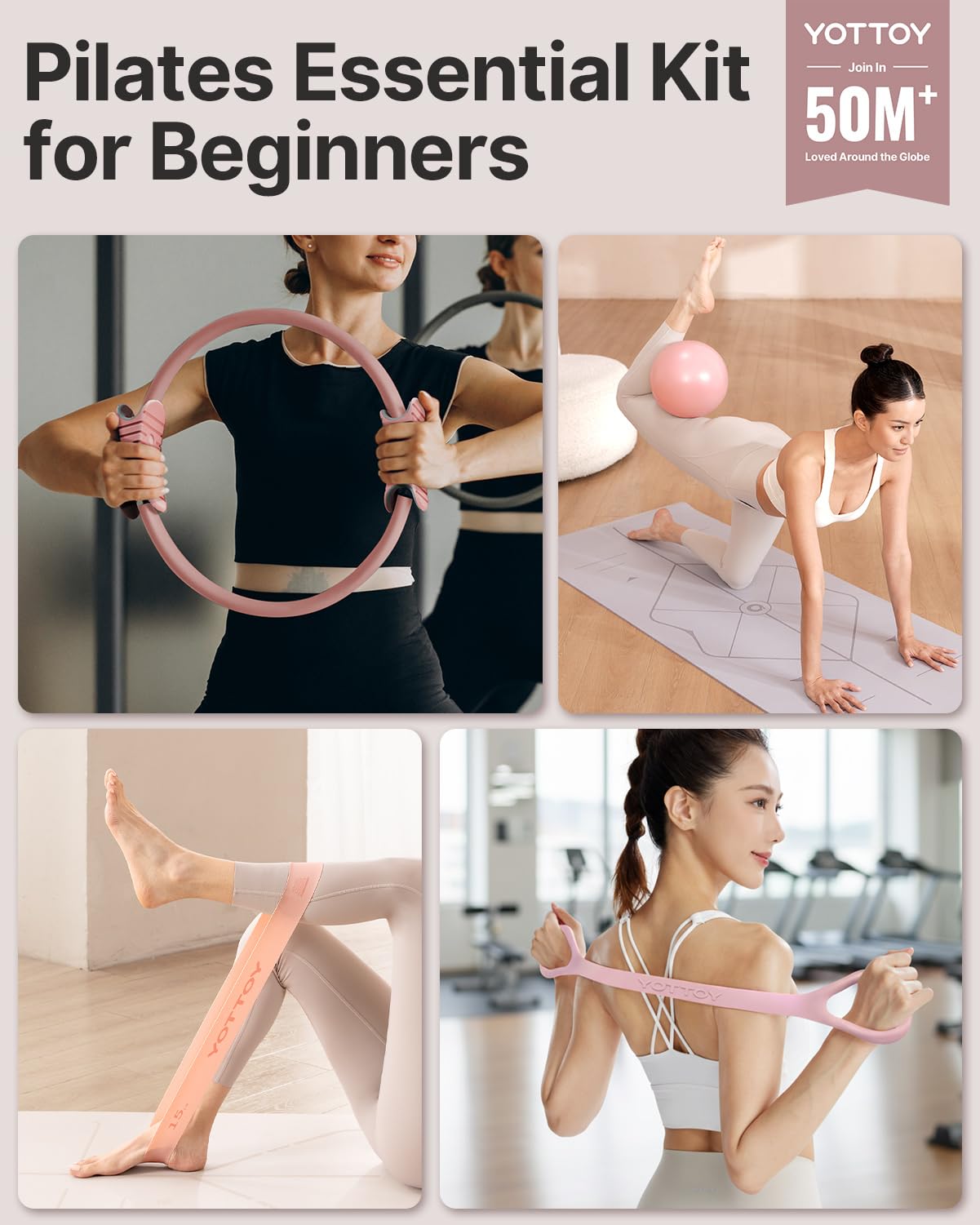 YOTTOY 13.5 Inch Pilates Ring and Ball Set, Figure 8 Resistance Bands, Stretch Bands&Guide,Pilates Equipment Set for Beginners for Home Workouts Core Strength, Yoga, Physical Therapy & Rehab, Pink