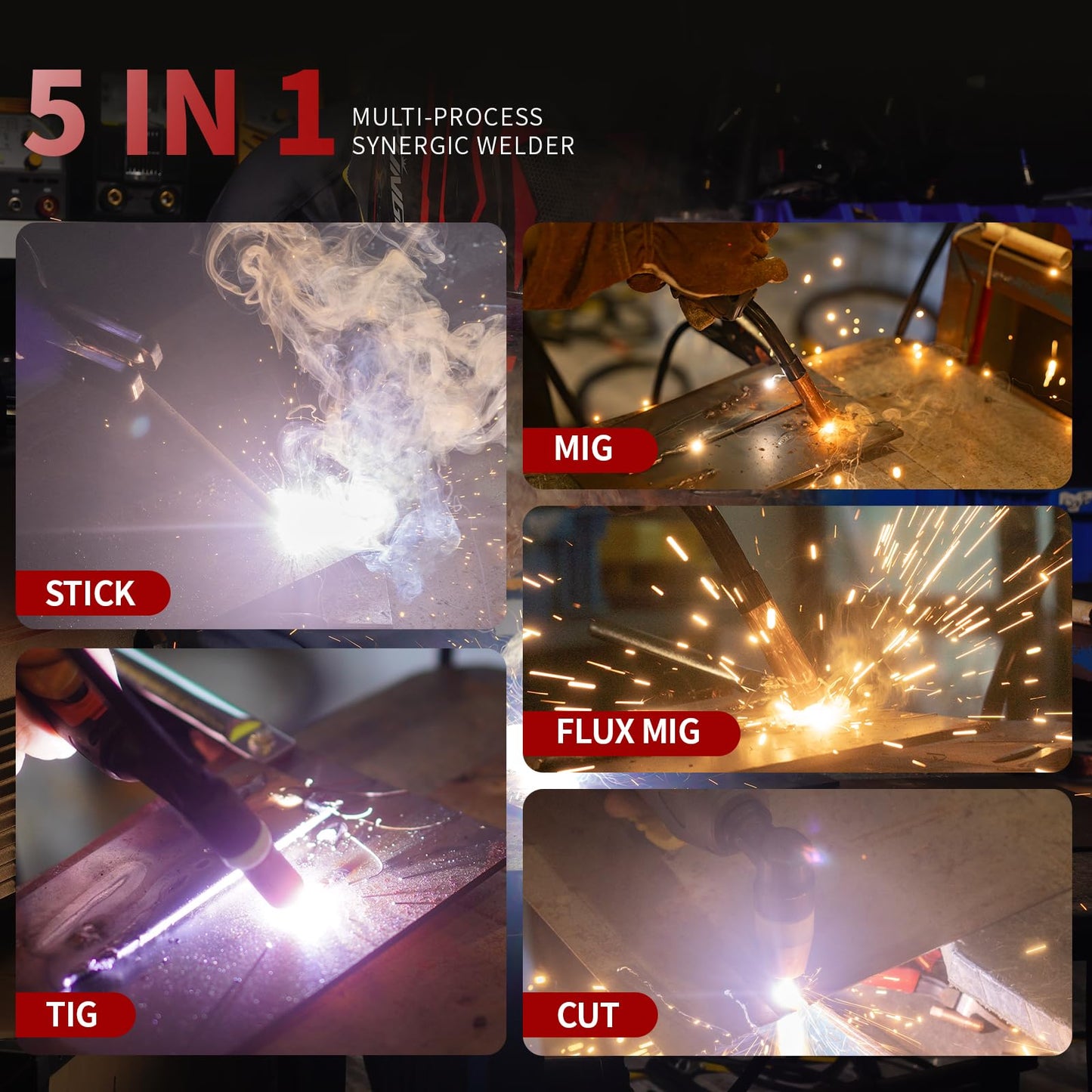 PUWU Plasma Cutter Welder Combo Gas MIG/Gasless MIG/HF TIG/Stick/CUT 5 in 1 Aluminum Welding Machine with 110V/220V Dual Voltage Multi Process Welder