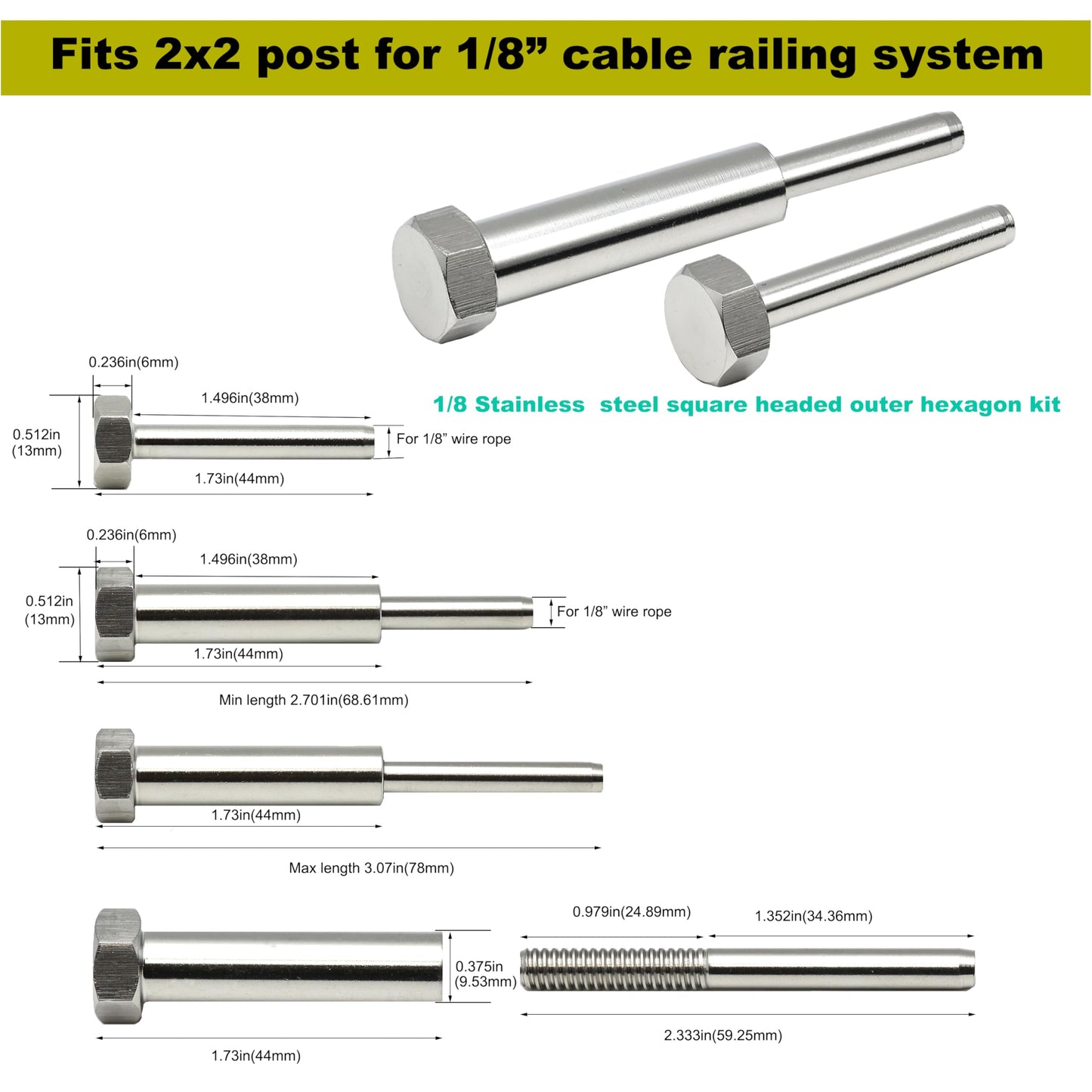 Sowtowe Stainless Steel Cable Railing Hardware Kit, Square Headed Outer Hexagon Kit with 1/8 Turnbuckle Tensioner and Fixed Terminal for 2x2 Wood & Metal Post Cable Railing System, 20 Pairs