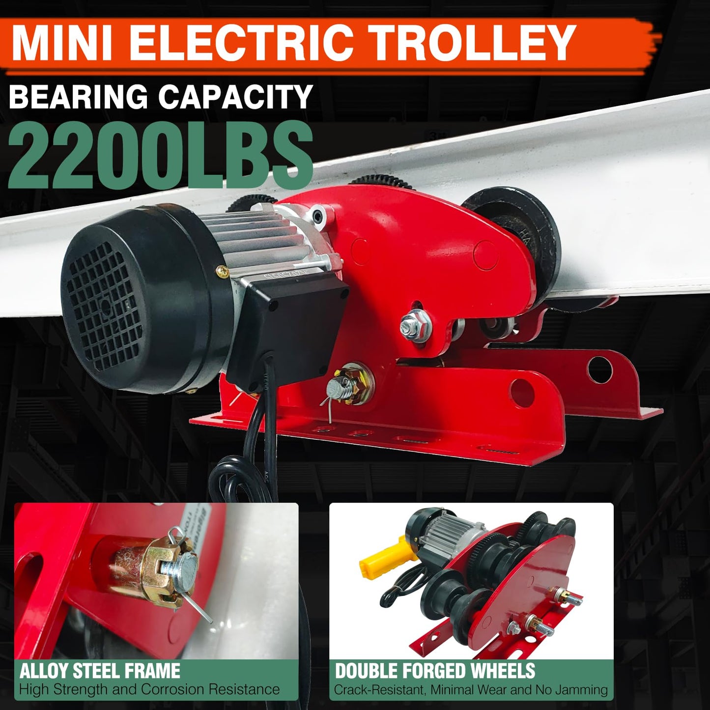 Dremvoist Electric Trolley for Power Hoist, 1 Ton 2204 LBS Electric Hoist Trolley, 2.68"-4.33" Adjustable Beam Flange Width, for PA200-PA1000 Hoists Push Geared Overhead Crane Heavy Duty Wheels System