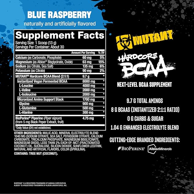 Mutant Hardcore BCAA - Pre, Intra or Post Workout ??BCAA Next Level branched-Chain Amino Acids Supplement ??Hydration + Recovery - 30 Serving - Blue Raspberry