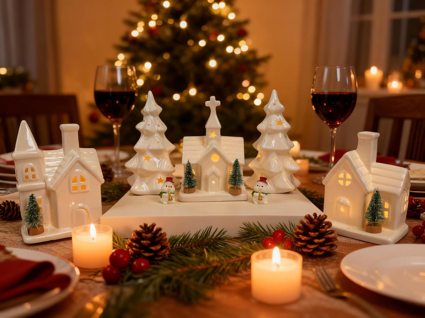Skiennix Christmas Village Set - 11 Pcs Ceramic Decor with 3 Lighted Houses & Trees | Festive Tabletop Display
