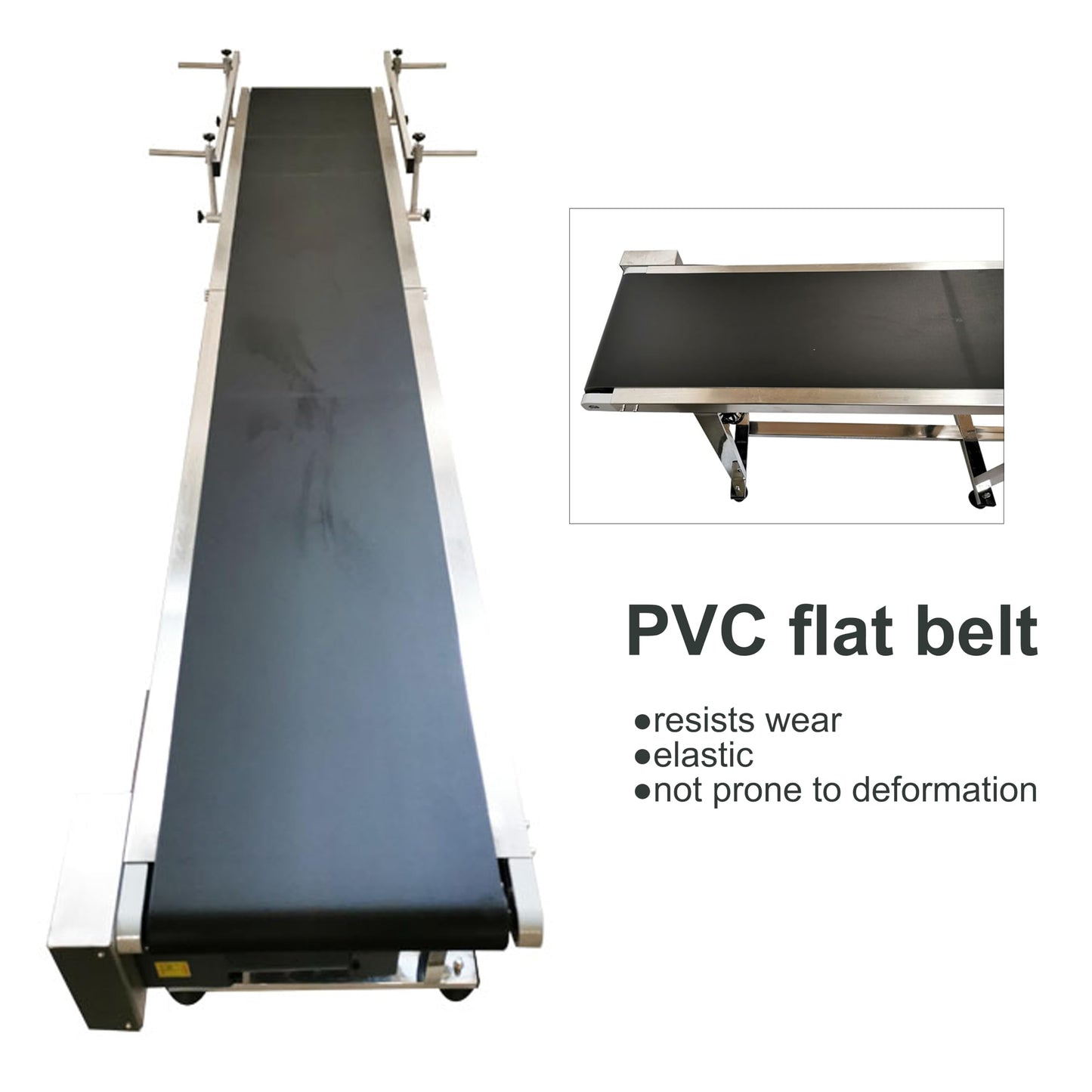 BREVELTION PVC Flat Belt Conveyor, Stainless Steel Industrial Transport Conveyor, Adjustable Speed 0-18m/min, Double Guardrails, 82.7" L x 11.8" W, 11LBS Load, 200W Motor