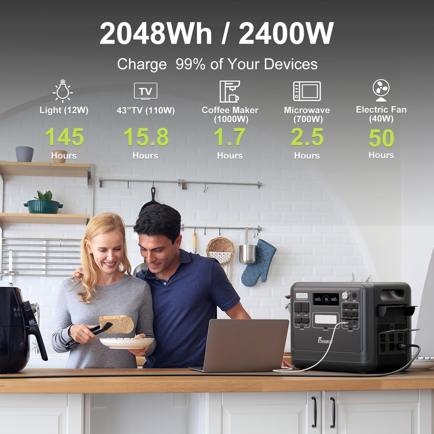 FOSSiBOT F2400 Portable Power Station 2400W, 2048Wh LiFePO4 Battery Solar Generator, 2H Fast Charging for Home Backup, Outdoor Camping, RV, Emergency F2400 Pro
