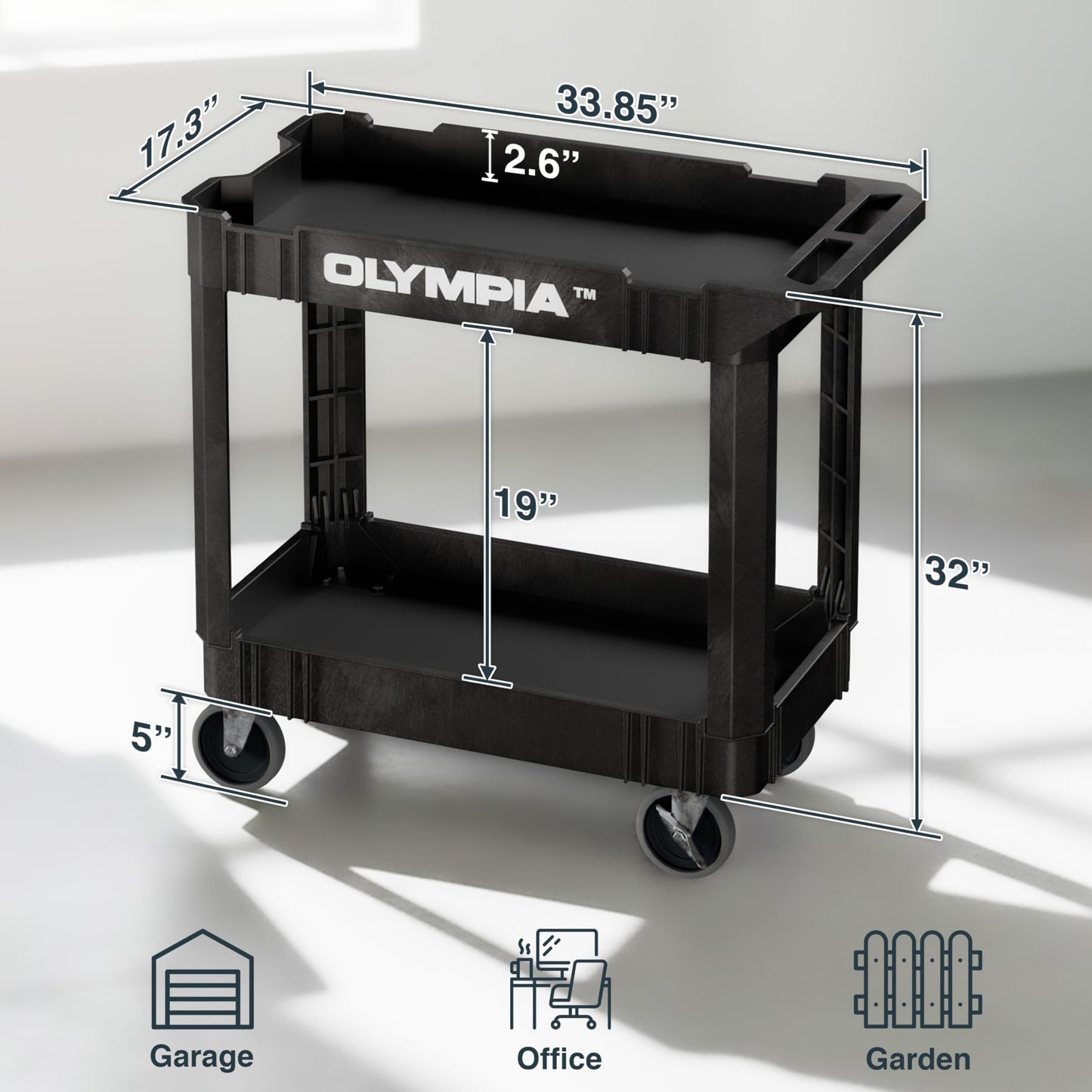 Olympia Tools 2 Tier Rolling Carts with Wheels – 500lbs Heavy Duty Utility Cart, Locking Swivel Wheels – Work Cart for Garage, Service & Industrial Use, Built-in Ruler