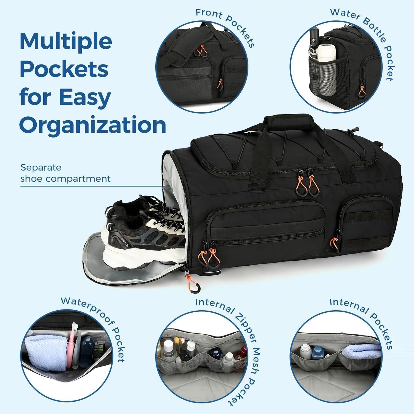Searock 45L Gym Bag for Men, 3-In-1 Duffle Bag Backpack for Travel, Sports Duffel Bags for Gym Workout, Weekender Overnight Bag with Shoe Compartment, Wet Pocket, Black