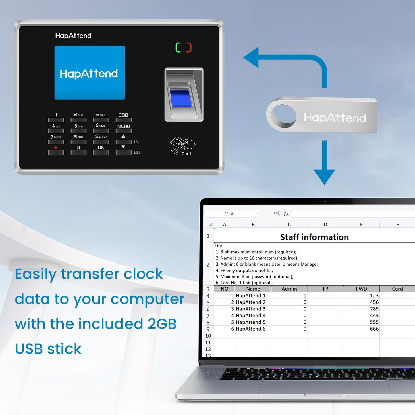 HapAttend Time Clocks for Employees Small Business Automatic Calculate Hours, H1＆H2 No Monthly Fees Fingerprint Time Clock, Standalone Biometric Clock in Machine for Employees with 5 RFID Cards