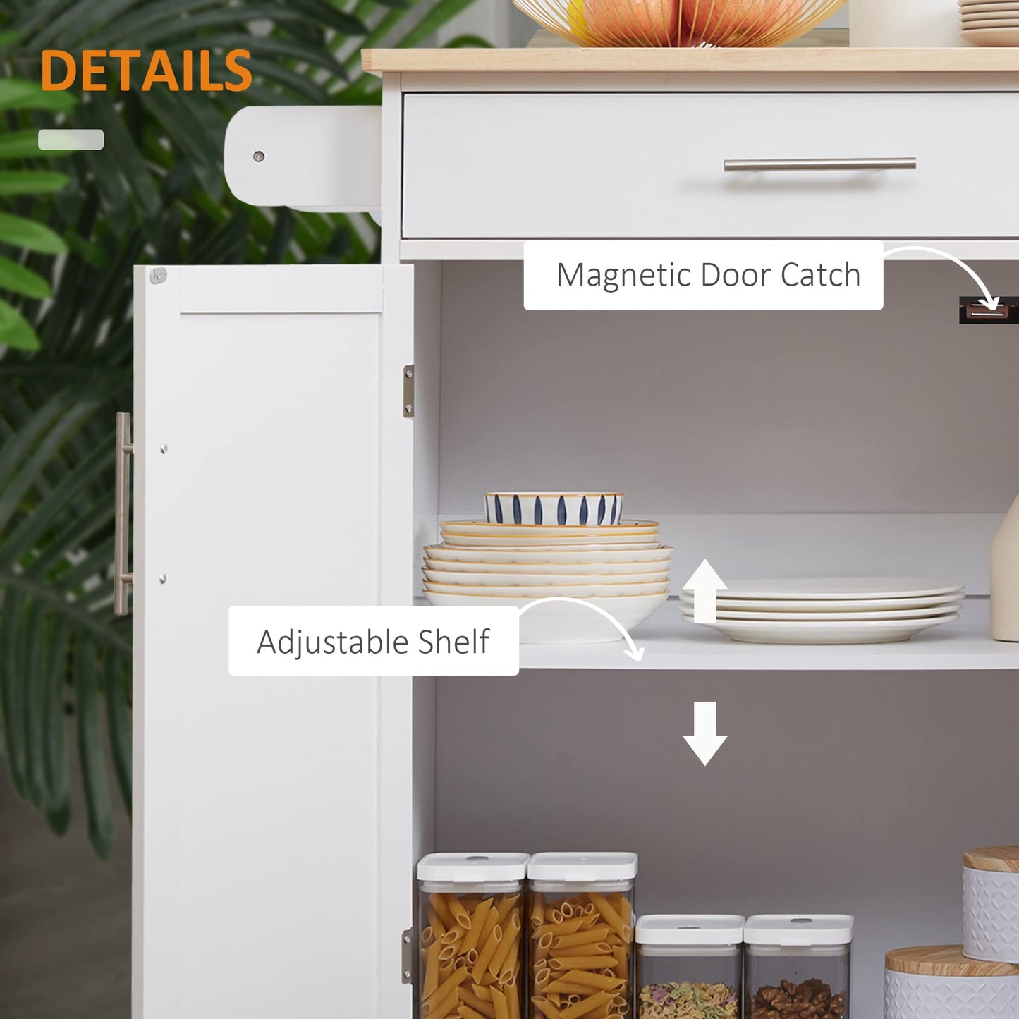 HOMCOM Kitchen Island Cart, Rolling Island Table with Solid Wood Top, Trolley Cart with Drawer, Storage Cabinet & Towel Rack, White