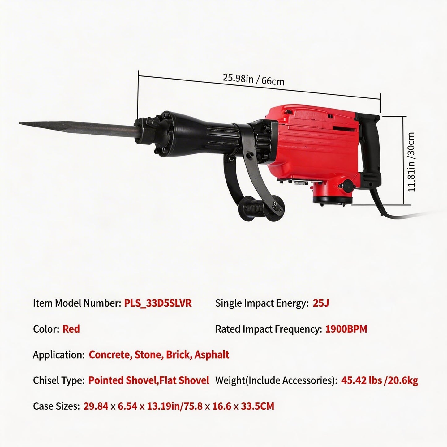 3600W Electric Demolition Jack Hammer, 1900 BPM Heavy Duty Jack Hammer Concrete Breaker, 2pcs Chisel w/Gloves & 360°C Swiveling Front Handle for Trenching and Breaking Holes