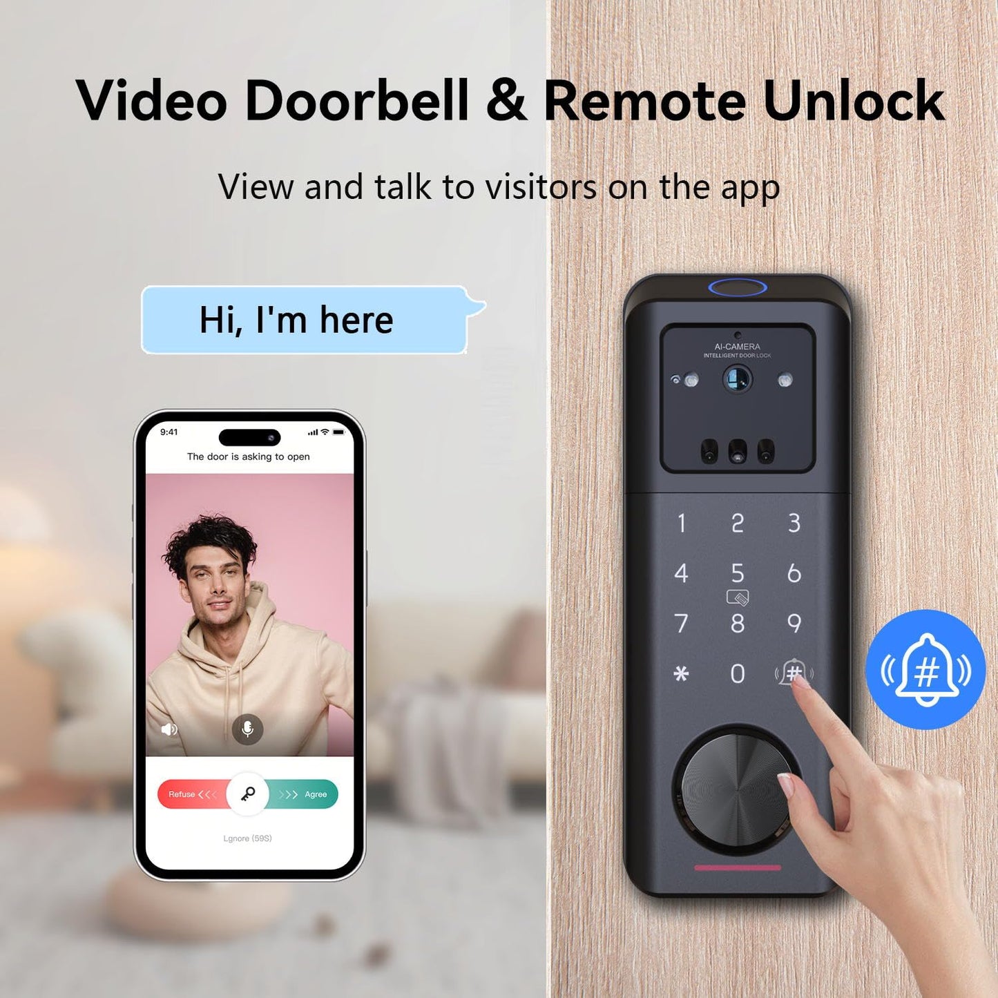 3D Face Recognition Smart Lock with Camera, Palm Vein, Fingerprint & Keypad Access, Keyless Entry Biometric Deadbolt for Front Door, Video Doorbell, 2-Way Audio, Night Vision, Tuya App, Alexa
