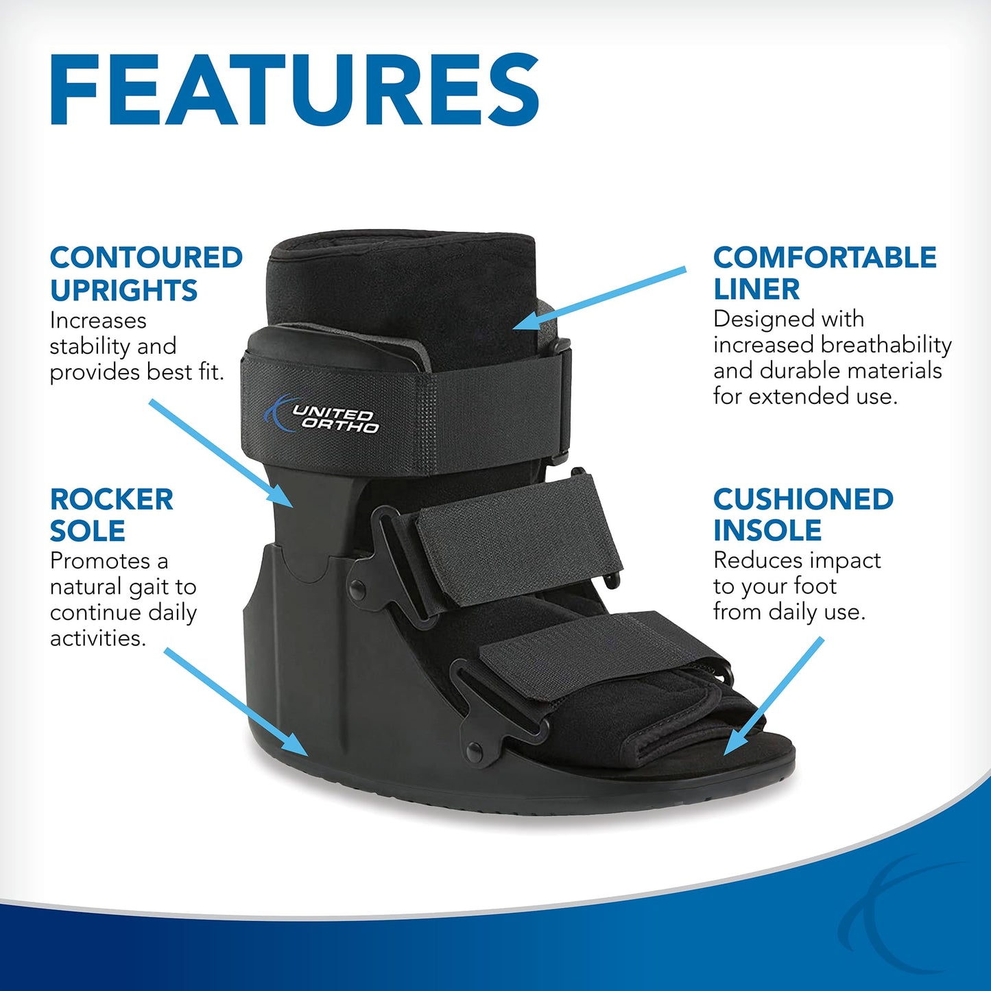 United Ortho USA14013 Short Cam Walker Fracture Boot, Small, Black