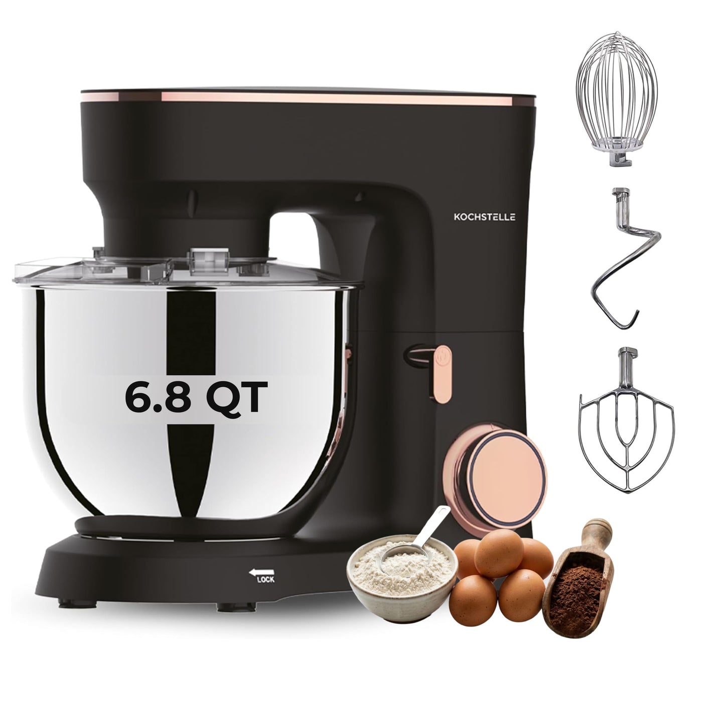 KOCHSTELLE Black Electric Stand Mixer 6.8 Quart Qt, 660W, 6-Speed Adjustable, Stainless Steel Planetary, Portable, Compact & Elegant Kitchen Mixer for Baking & Cooking
