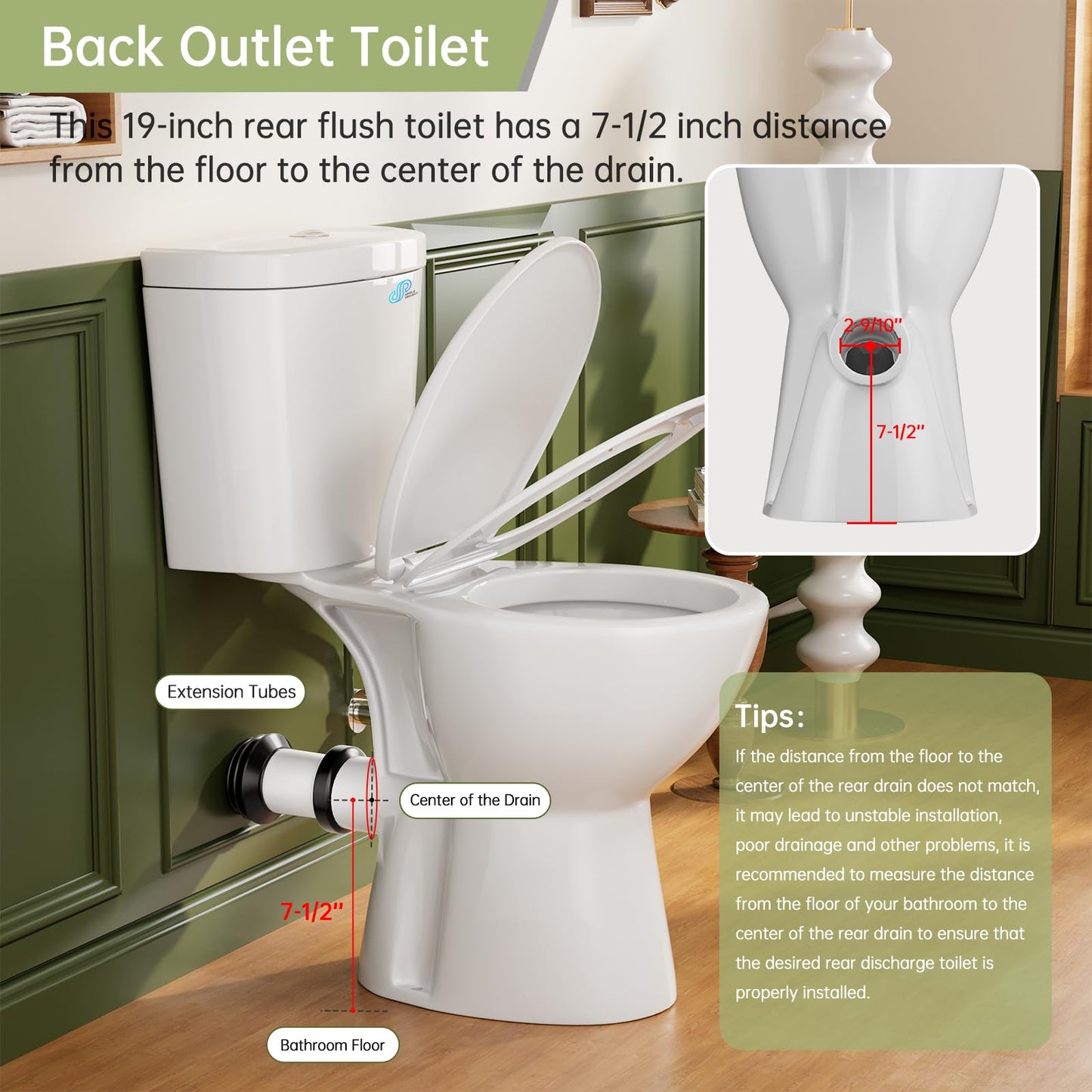Simple Project Rear Outlet Toilet with Tank, 19 Inch ADA Rear High Toilet, Dual Flush 1/1.28GPF Back Discharge Tall Toilet with Comfort Soft Close Seat for Seniors -Includes Extension Pipe