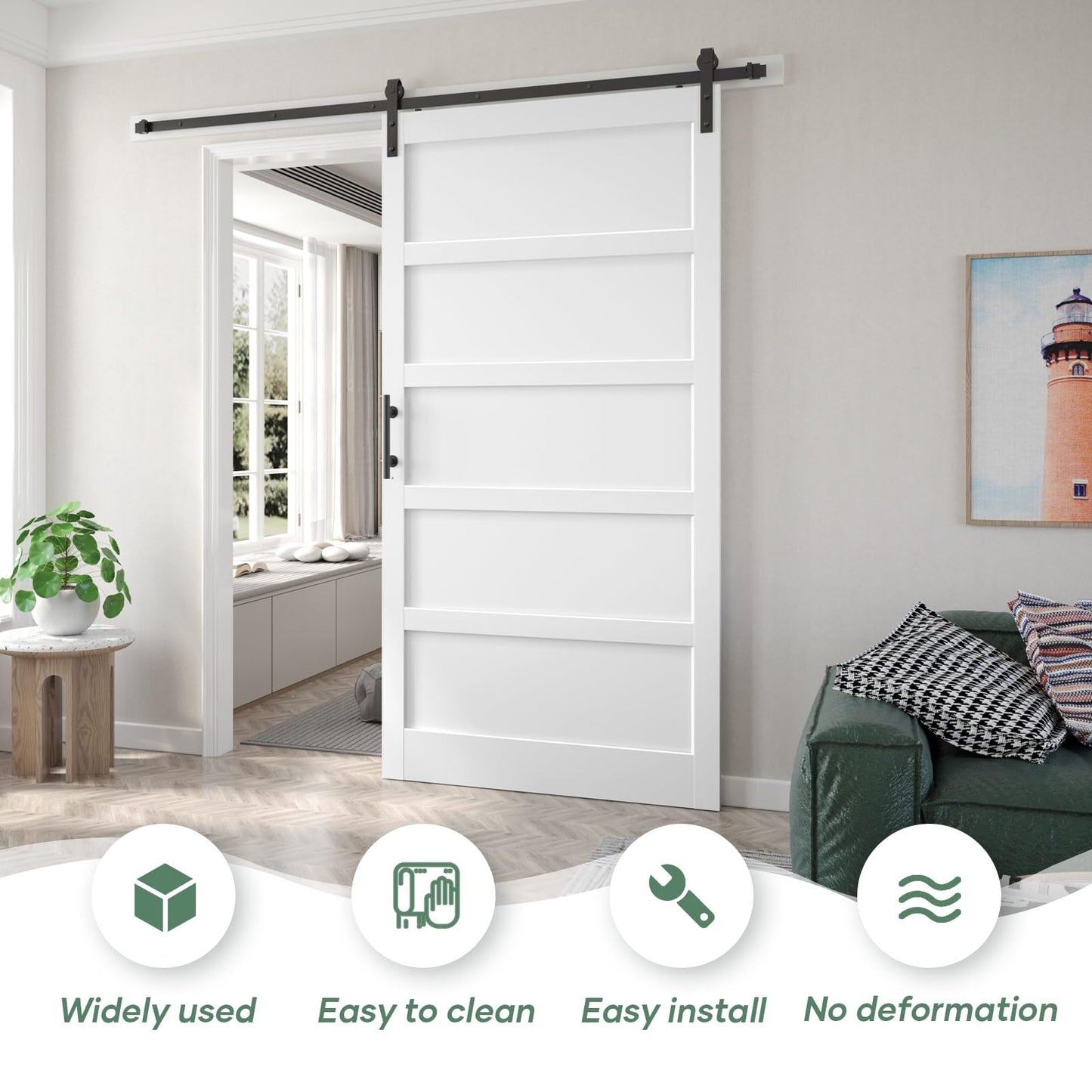 Fredbeck 48x96 inch White Barn Door with 8FT Sliding Door Hardware Kit Included & Handle,MDF,Solid PVC Surface,DIY Assembly,5-Panel