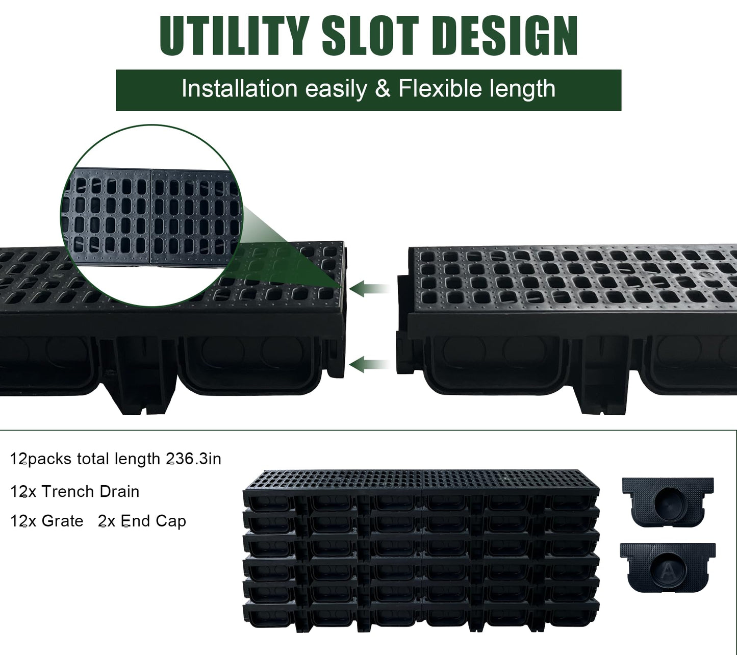 Natotela HDPE Channel Drain with Grates-19.7x5.5x3.7 in. Trench Drain System, 12 Pack Total Length 236.3 in, Yard Drainage System with 2 Outlet Adapters for Outdoor,Yard Fence,Sidewalk,Patio